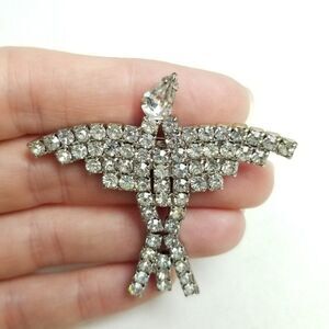 Vintage Bird in Flight Shape Rhinestone Brooch, Silver Tone Lapel Pin, Estate